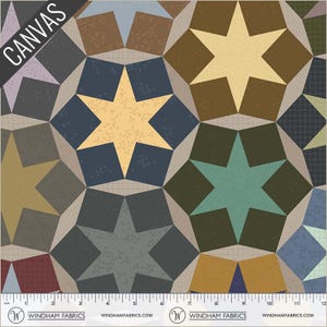 May include: A fabric with a repeating star pattern in shades of gray, blue, brown, and yellow. The word "CANVAS" is printed diagonally in white. The fabric has a ruler along the bottom with the Windham Fabrics logo.