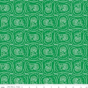 May include: A green fabric with a repeating pattern of white circles. Each circle contains a stylized image of a farm house with the text "I believe in the future of agriculture" and "FFA" around the image.