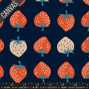 May include: A navy blue fabric with a repeating pattern of stylized strawberries. The strawberries are primarily orange with white seed details and green stems. The word "CANVAS" is printed diagonally in white.