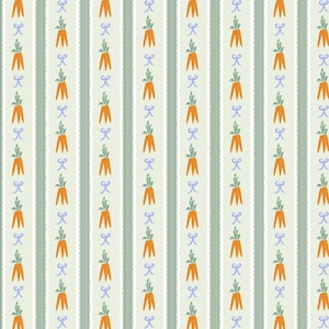 May include: A seamless pattern featuring a repeating design of orange carrots with green tops and purple bows on a light green and white striped background.