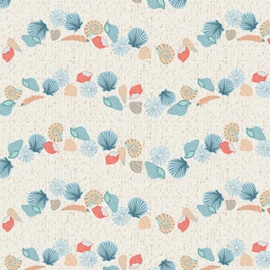 May include: A repeating pattern of seashells in shades of blue, peach, and coral on a textured off-white background. The design features various shell types arranged in wavy lines, creating a coastal theme.