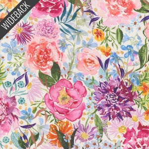 May include: A watercolor floral fabric with a variety of flowers in shades of pink, purple, orange, and blue. The word "WIDEBACK" is printed in white on a black diagonal banner in the upper left corner. The flowers are set against a cream background.