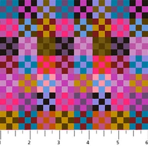 May include: A colorful abstract pattern with a checkered design in shades of pink, purple, blue, brown, and teal.