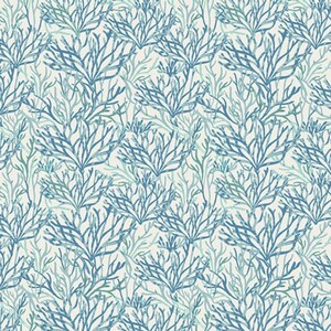 May include: A repeating pattern of stylized coral branches in shades of blue and teal against a cream background. The design features a dense arrangement of the coral, creating a textured and oceanic feel. Ideal for fabric or wallpaper.