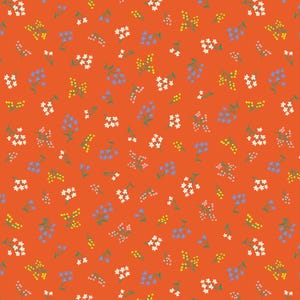 May include: A seamless pattern featuring small white, blue, and yellow flowers on a bright orange background.