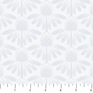 May include: A repeating pattern of light gray coneflower blossoms on a white background. The flowers are stylized with detailed petals and central cones. The design is suitable for fabric or wallpaper.