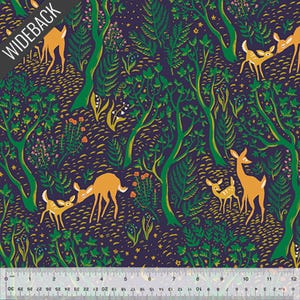 May include: Purple fabric with a repeating pattern of green trees, yellow stars, and orange deer. The deer are in various poses, including standing, walking, and running. The fabric has a whimsical and woodland feel.