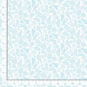 May include: White fabric with a repeating pattern of light blue seashells and starfish. The design includes various shell shapes and sizes, creating a nautical or beach-themed aesthetic. The fabric is suitable for crafting or home decor projects.