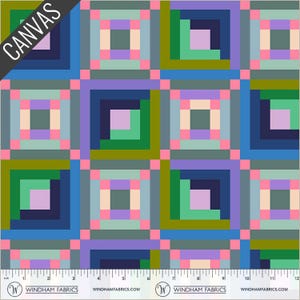 May include: A colorful fabric with a geometric pattern. The design features squares within squares in shades of blue, green, purple, and pink. The word "CANVAS" is printed diagonally in white. The fabric has a ruler along the bottom edge, with the Windham Fabrics logo.