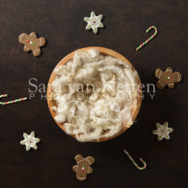 Newborn Digital Backdrop Christmas gingerbread man and snowflake cookie and candy cane cream curls brown background