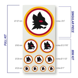 May include: A set of 9 vinyl stickers featuring the AS Roma logo. The stickers come in different sizes, ranging from 1 inch to 5 inches in diameter. The logo features a wolf's head in black with red eyes, surrounded by a red and yellow ring.