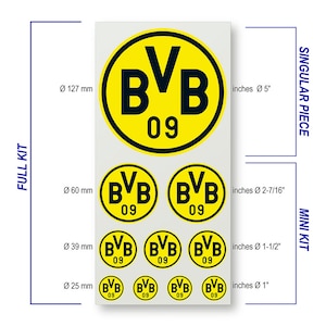 May include: A set of five yellow and black Borussia Dortmund soccer team logo stickers in various sizes. The largest sticker is 5 inches in diameter, the smallest is 1 inch in diameter, and the other three are 2-7/16 inches, 1-1/2 inches, and 1 inch in diameter.