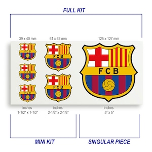 May include: A set of four FC Barcelona decals in various sizes. The decals feature the team's logo, which includes a red cross, yellow and red stripes, and the letters "FCB". The decals are available in three sizes: 1-1/2 inches by 1-1/2 inches, 2-1/2 inches by 2-1/2 inches, and 5 inches by 5 inches.