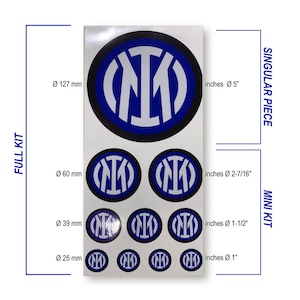 May include: A sheet of stickers featuring the Inter Milan logo in various sizes. The largest sticker is 5 inches in diameter, with the smallest being 1 inch. The logo is a blue circle with white letters and a black border.