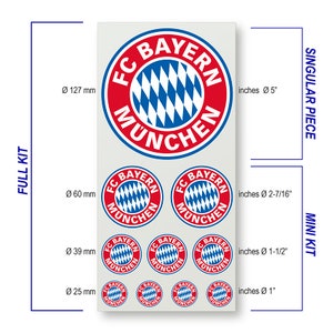 May include: A set of FC Bayern München stickers in various sizes. The largest sticker is 5 inches in diameter, and the smallest is 1 inch in diameter. The stickers feature the team's logo, which is a red circle with a blue and white checkered pattern.