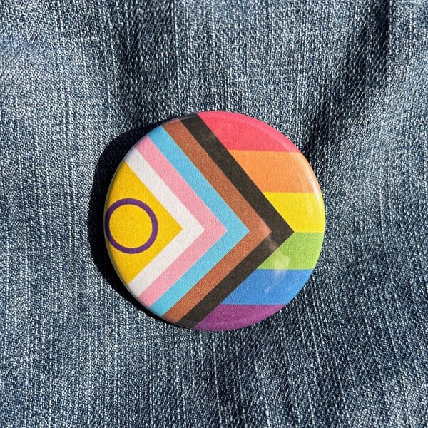 All Inclusive Rainbow Intersex Trans POC Flag Button, LGBTQ+ Pride 1.25 in and 2.25 in Buttons