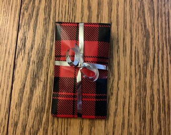 Button Gift Wrap – Red Plaid Wrapping Paper, Silver Ribbon Option