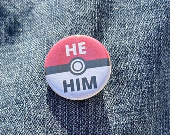 Pokeball Pronoun Button, He/Him, She/Her, They/Them, Custom Pronoun Buttons, 1.25 in and 2.25 in Pokemon Pronoun Buttons