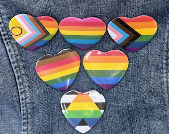 Heart-Shaped Pride Flag Pinback Buttons – LGBTQ+ Rainbow (Progress (w/ Intersex), POC, Ally, OG)