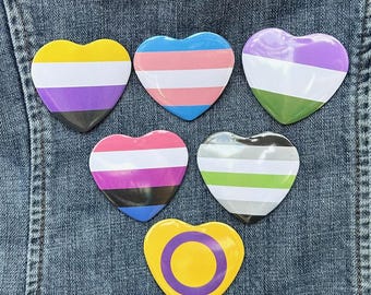 Heart-Shaped Gender Pride Flag Buttons - Trans, Non-Binary, Genderfluid, Agender, Genderqueer, and Intersex (1.25" & 2.25")