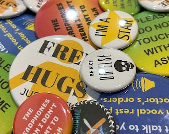 Discounted Imperfect Quirky Pun Buttons, Funny Design Pins (1.25" and 2.25" Pinback Buttons)