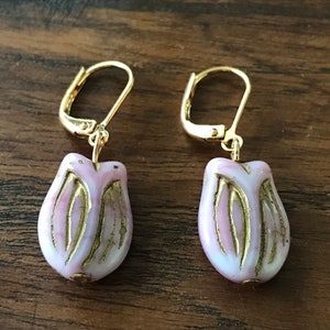 Pink tulip Czech glass earrings