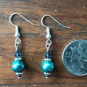 Aqua blue pearl drops earrings with turquoise crystals and iridescent blue glass beads