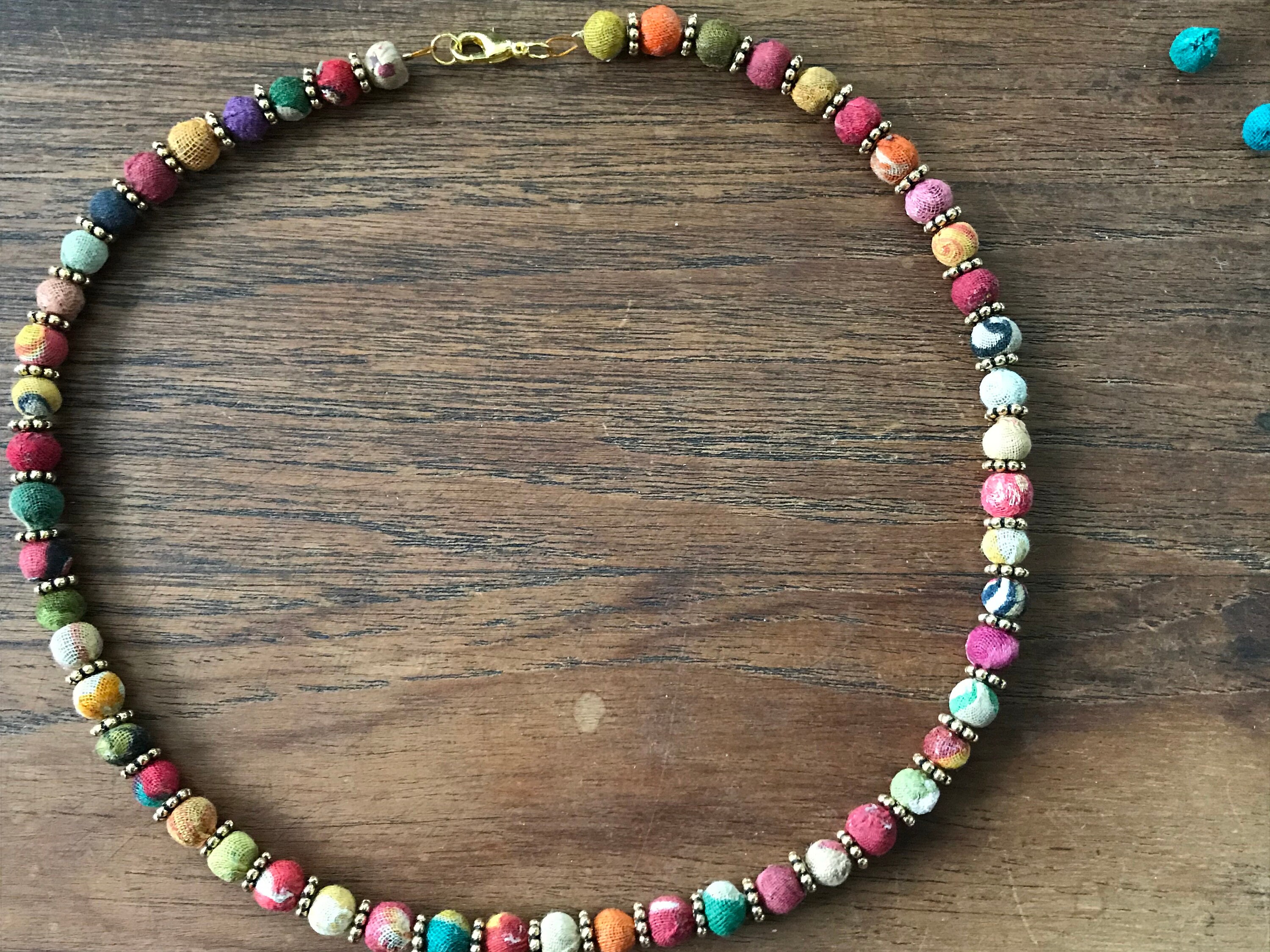 Colourful Recycled fabric covered bead necklace Etsy