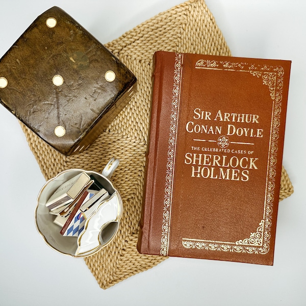 Vintage gifts for him/ Italian leather and wood playing card case/leather die case/vintage Sherlock Holmes/mustache mug