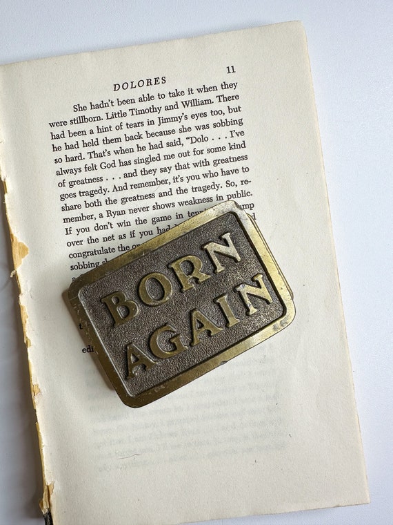 Vintage brass belt buckle “Born Again” novelty bel