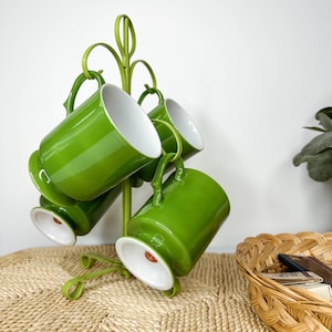 Vintage midcentury green coffee mugs/MCM  mug tree/MCM Japan coffee mug set/hanging coffee mug tree