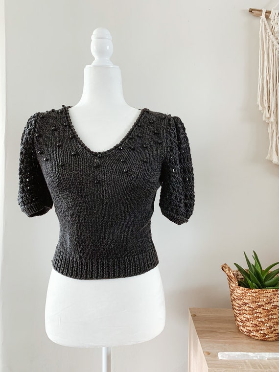 Vintage handmade black puff sleeve beaded sweater