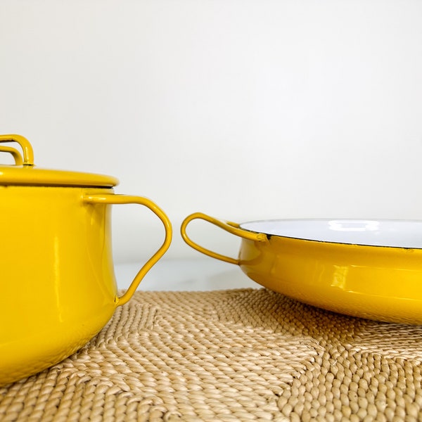 Vintage MCM Dansk yellow Kobenstyle pot and pan set/Dansk paella pan/vintage cast iron pan/vintage enamel pot