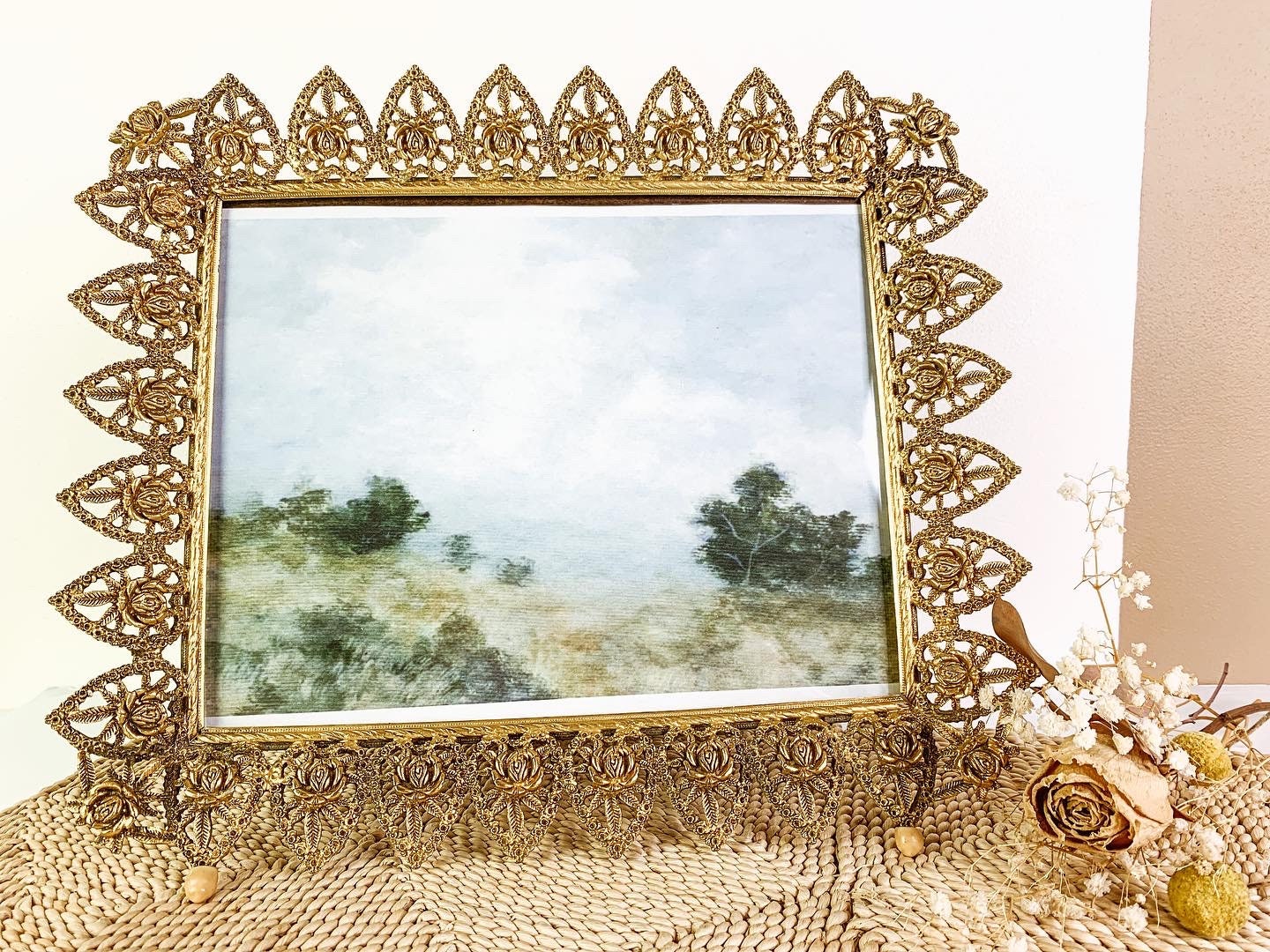 Vintage Large Brass Oval Frame Modernist Brass Table Top Frame