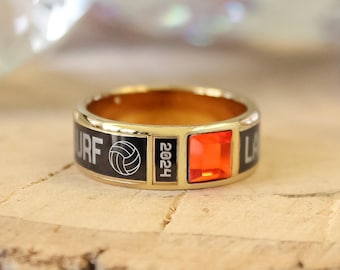 Custom Volleyball Class Ring | Personalized Team Keepsake with Engraved Name, Year & Gemstone