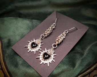 Byzantine Chainmaille Earrings with Sacred Heart Charm | Stainless Steel Leverback Hoops