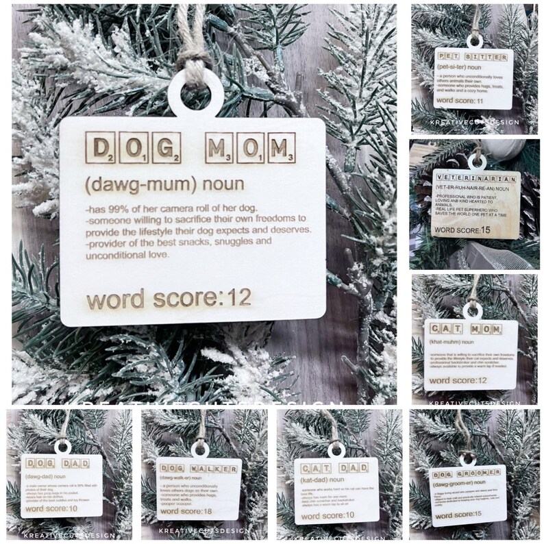 May include: A set of ten wooden ornaments with a Scrabble tile design. Each ornament features a different word related to pets, such as "Dog Mom", "Cat Dad", "Dog Walker", and "Pet Sitter". The ornaments are decorated with a brown wood finish and have a white background.