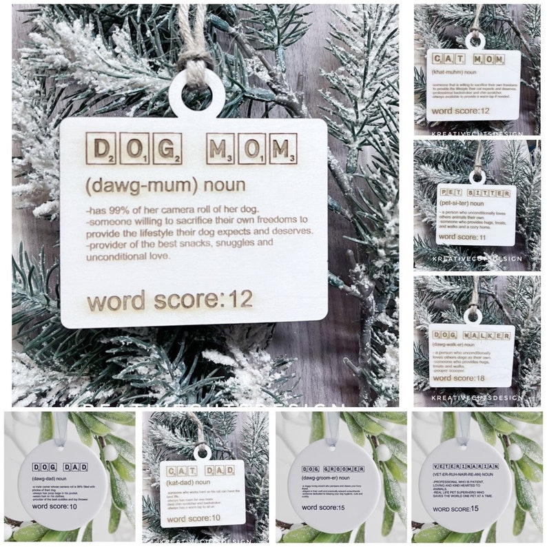 May include: A set of ten wooden ornaments with a Scrabble tile design. Each ornament features a different pet-related word, such as "Dog Mom", "Cat Dad", "Pet Sitter", and "Dog Walker". Each ornament includes a definition and a word score.