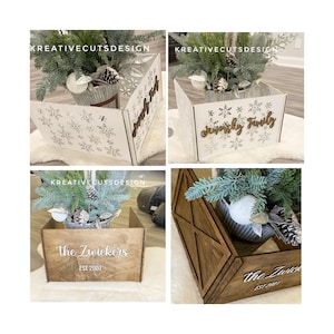 May include: Four different styles of Christmas tree stands. Two are white with snowflake designs and the text "Skiviply Family". One is brown wood with the text "The Zwickers EST 2001". The last is brown wood with the text "The Zwick EST 2001".