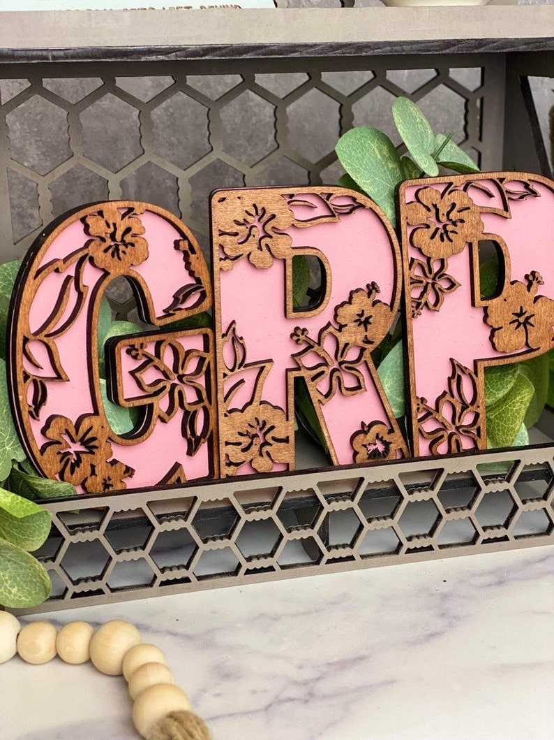 Hibiscus Floral A-Z alphabet double couche SVG JPEG fleur lettres laser cut numérique glowforge laser fichier A-Z image 1