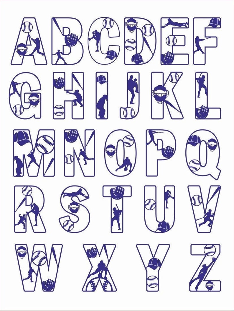 May include: Blue alphabet letters with baseball-themed designs. Each letter is filled with baseballs, bats, gloves, and players.