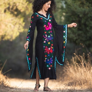 Hand embroidered black caftan dress, Mexican Dress, festival dress, butterfly sleeves dress, black dress, party dress