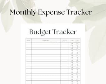 May include: A black and white printable budget tracker with the title "Budget Tracker" and columns for date, description, amount, cash, and card.
