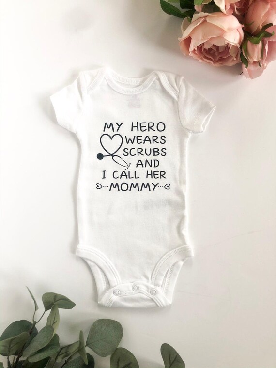 My Hero Wears Scrubs and I Call Her Mommy Baby Bodysuit, Nurse Mom Baby  Outfit - Main Image