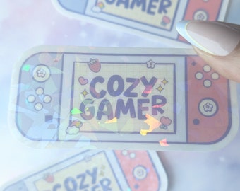 Cozy Gamer Sticker, Vinyl, Pastel Gaming Gift, Customizable Glossy or Holographic Finish