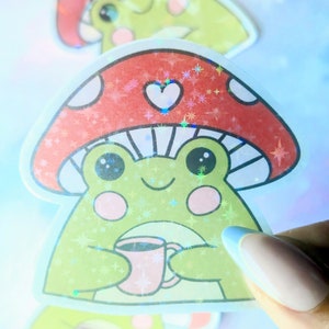 Frog Mushroom Hat Sticker | Whimsical Brew Buddy |Cozy Coffee Aesthetic | Customizable Glossy or Holographic Finish