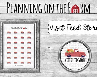 May include: A set of 36 red truck stickers with the text "Planning on the Farm" and a red barn. The stickers are arranged in a grid on a white background. The stickers are framed in a brown frame. The text "Visit Feed Store" is on a white rectangle with a black border. A red truck with a white cab and a white bed is carrying a variety of fruits and vegetables. The truck is on a white circle with a silver border. The text "Visit Feed Store" is on the circle.