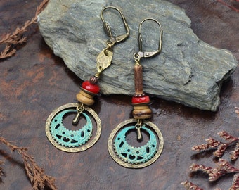 Boucles d'oreilles auréole bronze turquoise bleu rouge, boucles bohemes,