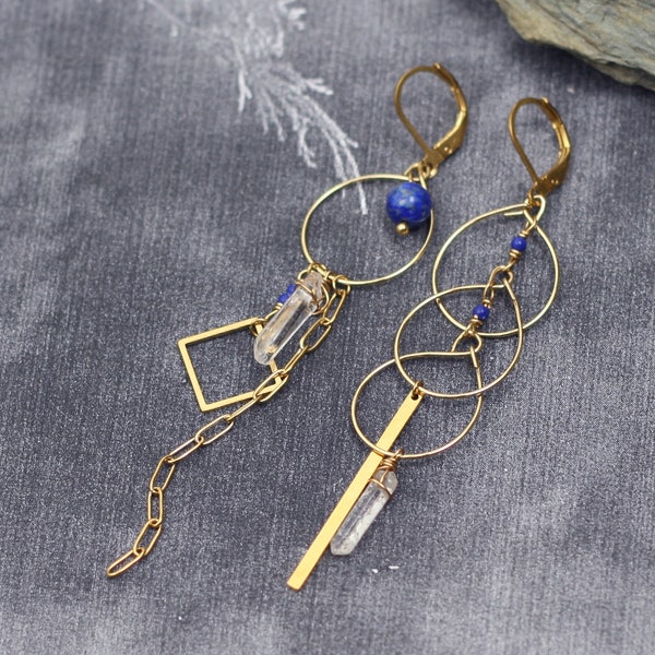 Gouden blauw lapis lazuli oorbellen, asymetrische geometrische druppels oorhangers, cirkels