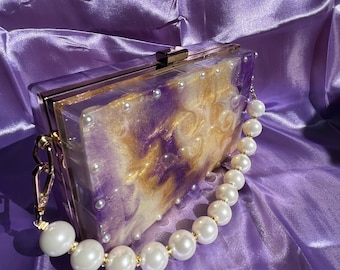 KOBÉ Purple, gold and pearl white clutch with short pearl strap, Minaudiere clutch